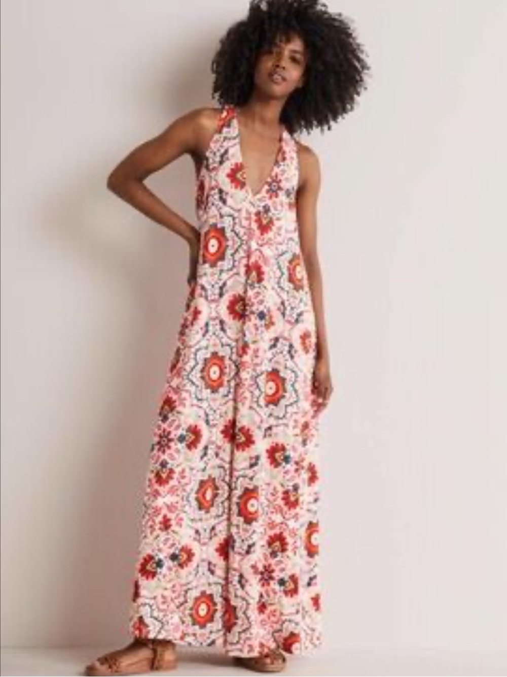 Boden Floral Print Maxi Dress 8R V Neck Tie Waist Boho Vacation